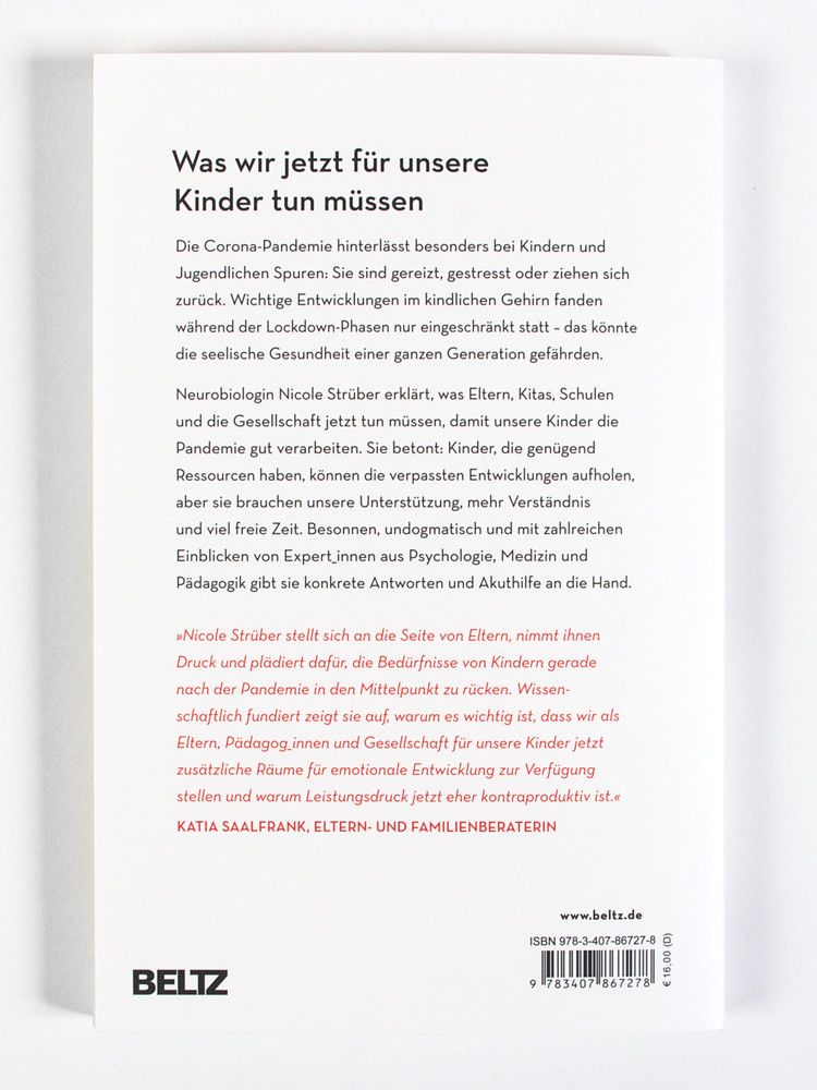 Buchrückseite: Text über die Corona-Pandemie und Kinder. Autorin: Nicole Strüber. Verlag: Beltz. ISBN-Code.