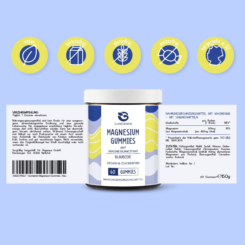 Produktetikett mit Informationen zu Magnesium Gummibärchen. Text: Gumtamin, Magnesium Gummies, 60 Gummies. Zertifizierungen.