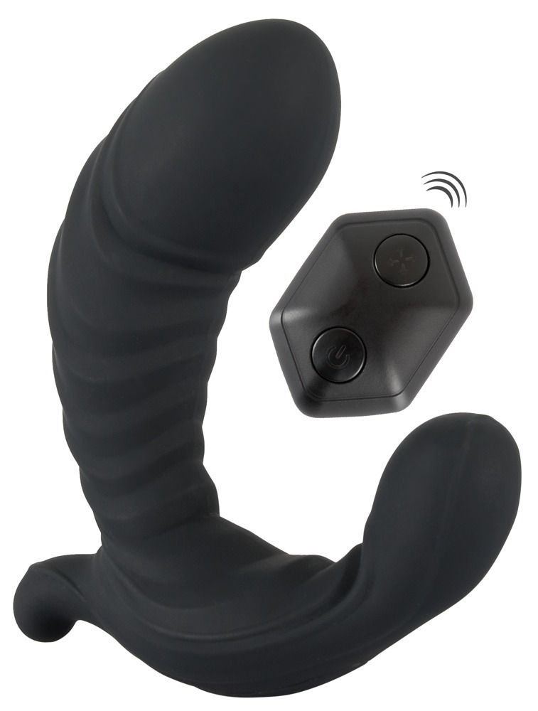 Schwarzer G&P-SPOT Vibrator mit Fernbedienung. Geformt mit einem gebogenen Schaft und einem gebogenen Ende.