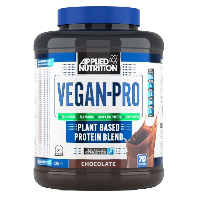 Dose Vegan-Pro, Applied Nutrition. Schwarze Dose mit blauem Deckel. Aufschrift Vegan-Pro, Plant Based Protein Blend, Chocolate. 70 Portionen.