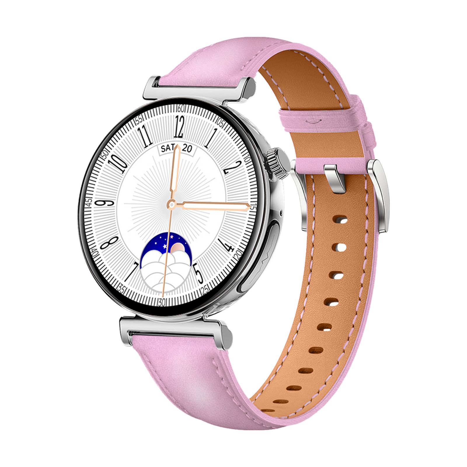 Runde Smartwatch mit rosafarbenem Lederarmband. Zifferblatt mit Zahlen und Mondphasen-Anzeige. Silberfarbenes Gehäuse.