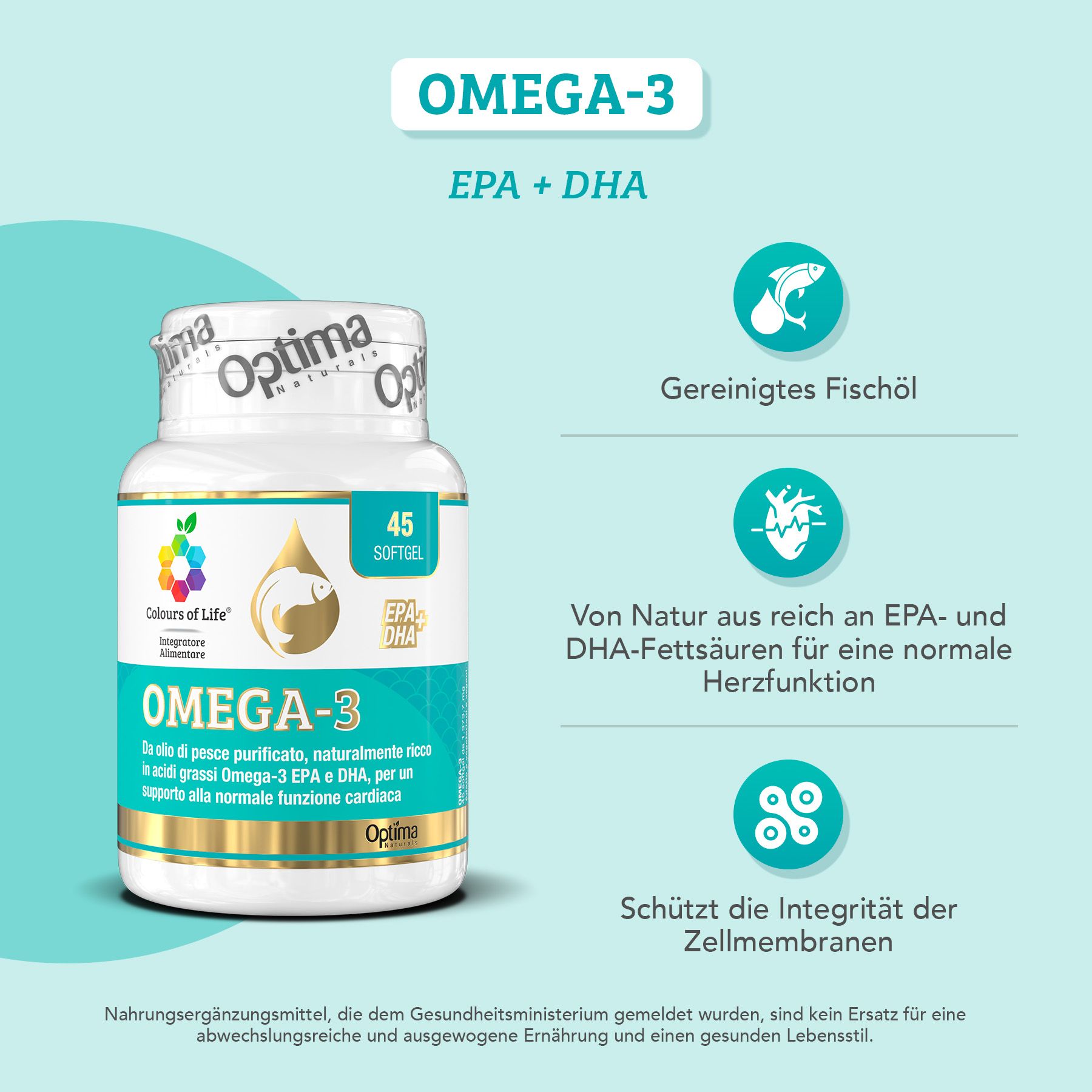 Weißes Fläschchen mit 45 Softgel-Kapseln. Aufschrift: Omega-3, EPA + DHA. Logo: Fisch. Text: Gereinigtes Fischöl, für Herzfunktion, Zellmembranen.