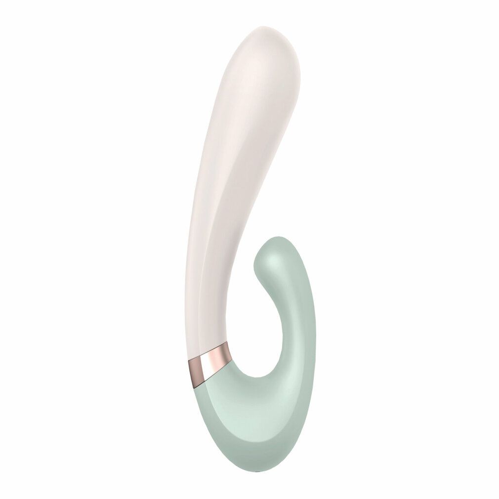 Vibrator. Weiß-grüne Form mit gebogener Spitze und Ring. Goldfarbener Ring am Übergang. Detailansicht.
