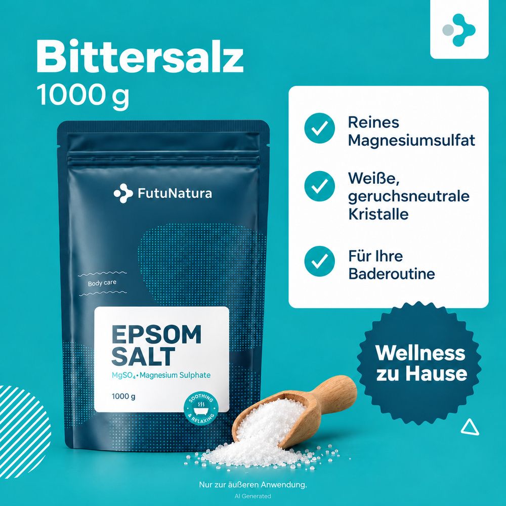 FutuNatura Bittersalz 1000g Beutel mit Holzschaufel und Badesalz.
