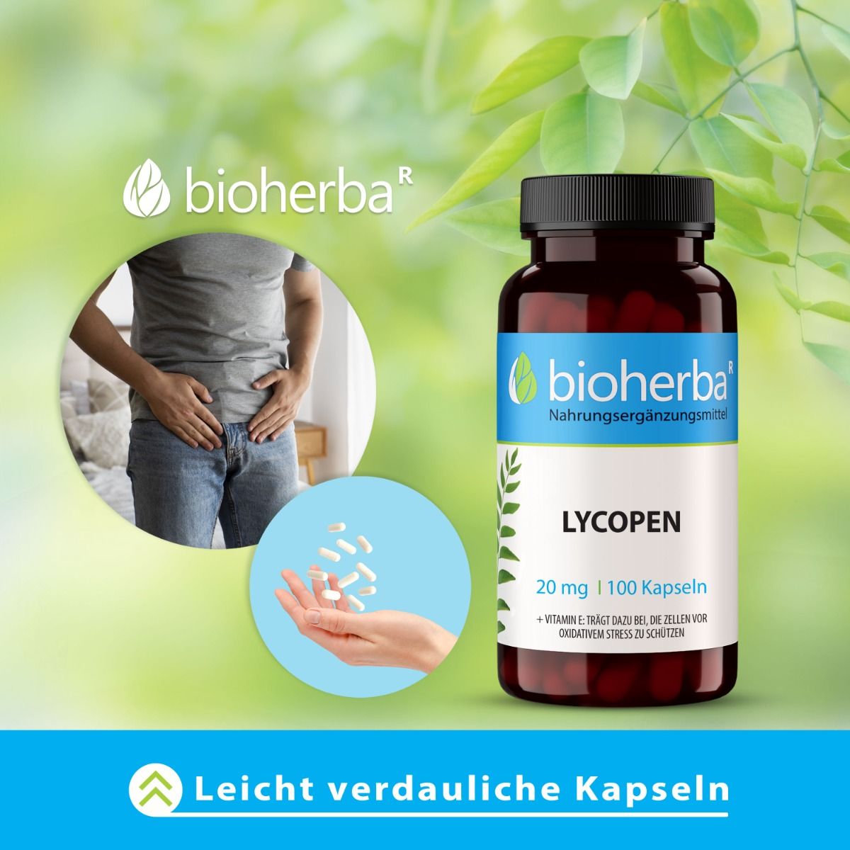 Mann hält Kapseln in der Hand. Braune Flasche mit Kapseln. Marke: Bioherba. Text: Lycopen, 20 mg | 100 Kapseln. Leicht verdauliche Kapseln.