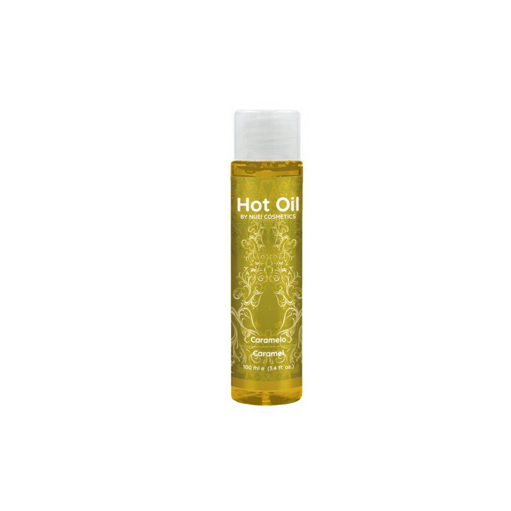 Zylindrische Flasche mit Öl und weißem Deckel. Aufschrift: Hot Oil, Caramel, NUEI cosmetics.