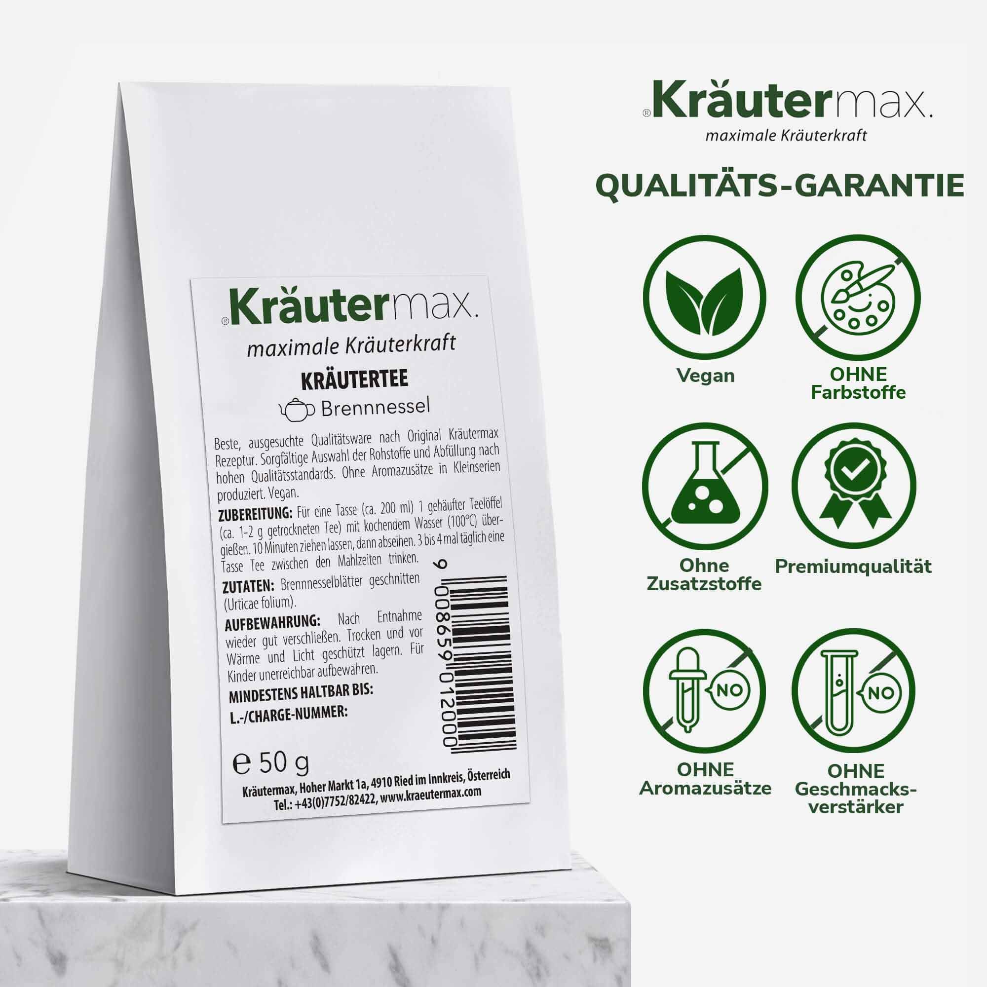 Kräutermax Brennnessel Tee, Papierverpackung, 50g. Siegel: Vegan, ohne Farbstoffe, ohne Zusatzstoffe, Premiumqualität, ohne Aromazusätze, ohne Geschmacksverstärker.