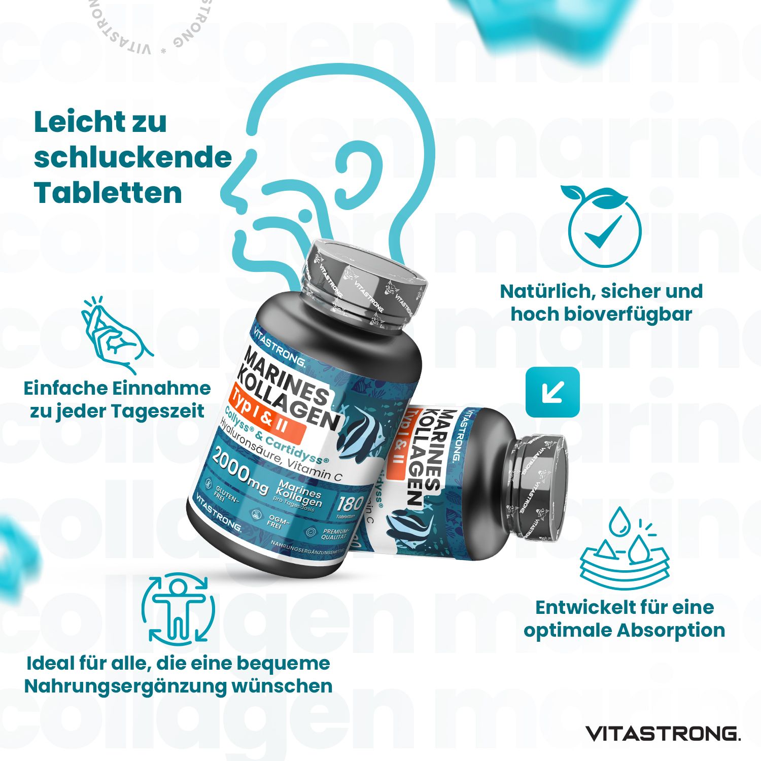 Zwei Flaschen mit Tabletten. Aufschrift: Marines Kollagen Typ 1&2, 2000mg, 180 Tabletten. Blaue Verpackung. Text: leicht zu schlucken.