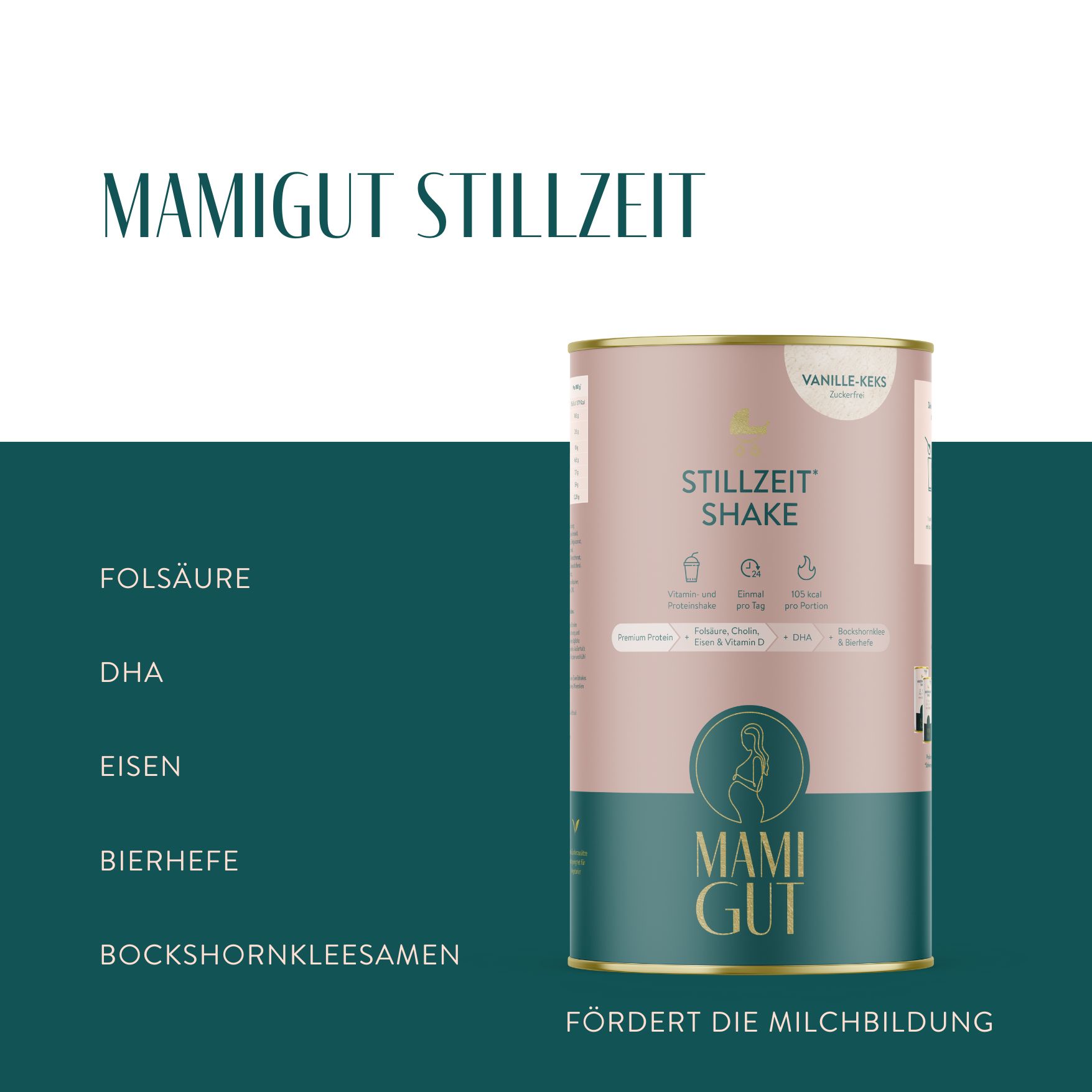 Dose Mami Gut Stillzeit Shake, Vanille-Keks. Aufschrift: Stillzeit Shake, Mami Gut. Text: Folsäure, DHA, Eisen, Bierhefe, Bockshornkleesa.