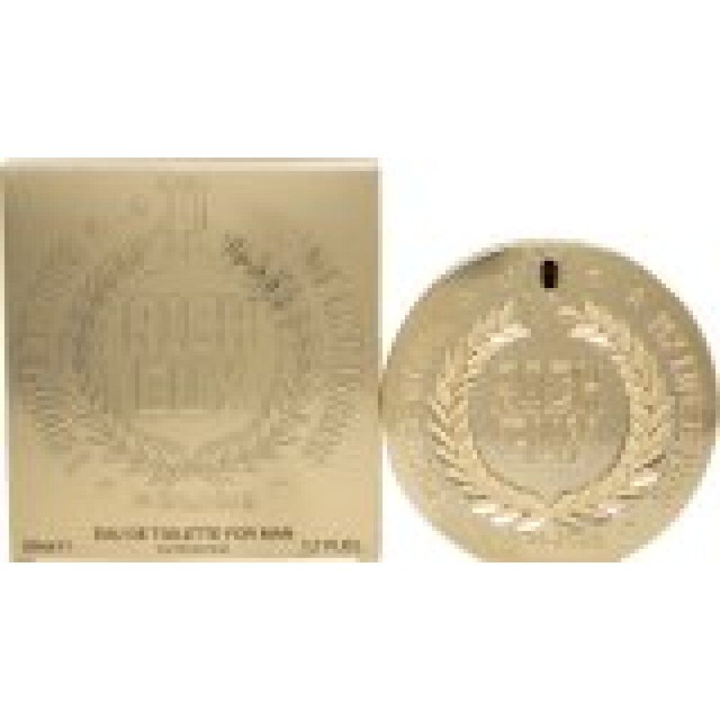 Goldfarbene Verpackung und Flakon. Flakon rund, mit "RICH GUY" in Lorbeerkranz. Verpackung mit Text. "EAU DE TOILETTE FOR MAN".