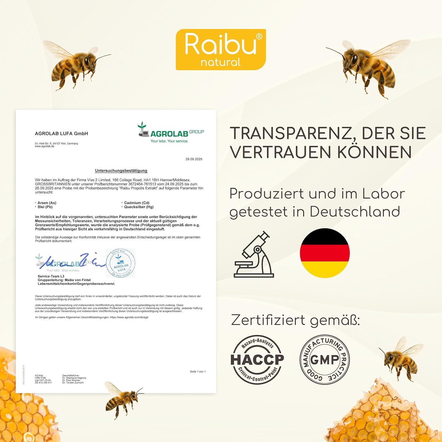 Zertifizierungsdokumente und Logos. Bienen und Waben. Text: Transparenz, der Sie vertrauen können.