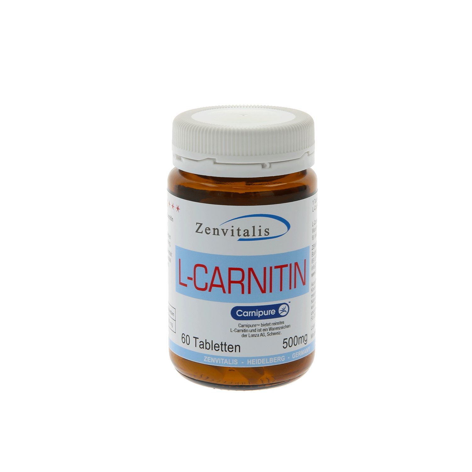 Braune Tablettenflasche mit weißem Deckel. Aufschrift: Zenvitalis L-Carnitin, 60 Tabletten, 500mg. Camipure-Logo.