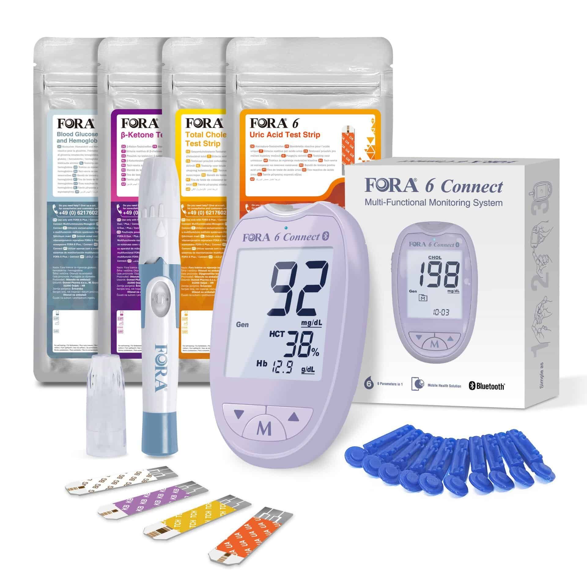 FORA 6 Connect Set: Lila Messgerät, Stechhilfe, Lanzetten, Teststreifen und Verpackung.