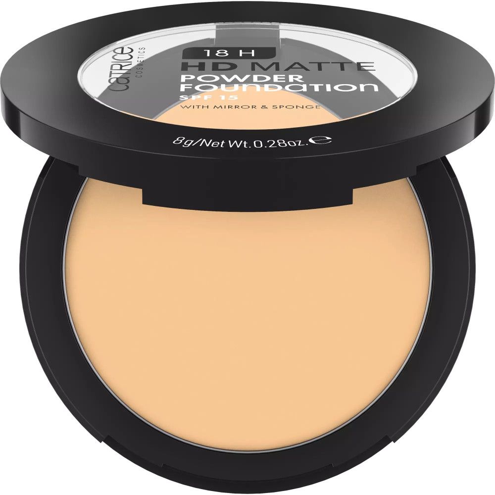 Kompaktpuder mit Spiegel und Schwamm. Schwarze Verpackung, geöffnet. Text: 18 H HD Matte Powder Foundation, SPF 15.