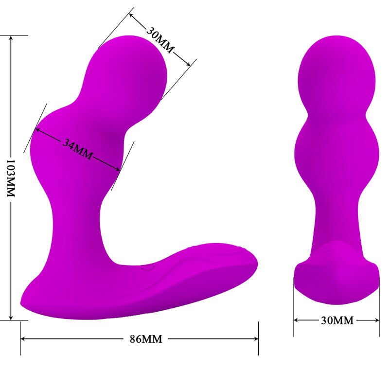 Lila Analvibrator und Abmessungen. Der Vibrator hat eine gebogene Form. Die Abmessungen sind 103mm x 86mm x 30mm.
