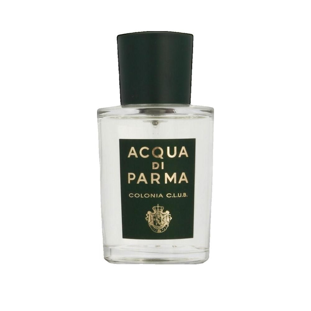 Glasflakon mit schwarzem Verschluss. Aufkleber mit Text: Acqua di Parma, Colonia C.L.U.B. Logo.