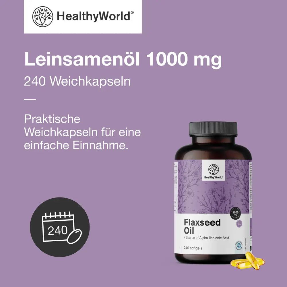 HealthyWorld Leinsamenöl 1000 mg, 240 Weichkapseln in dunkler Flasche.