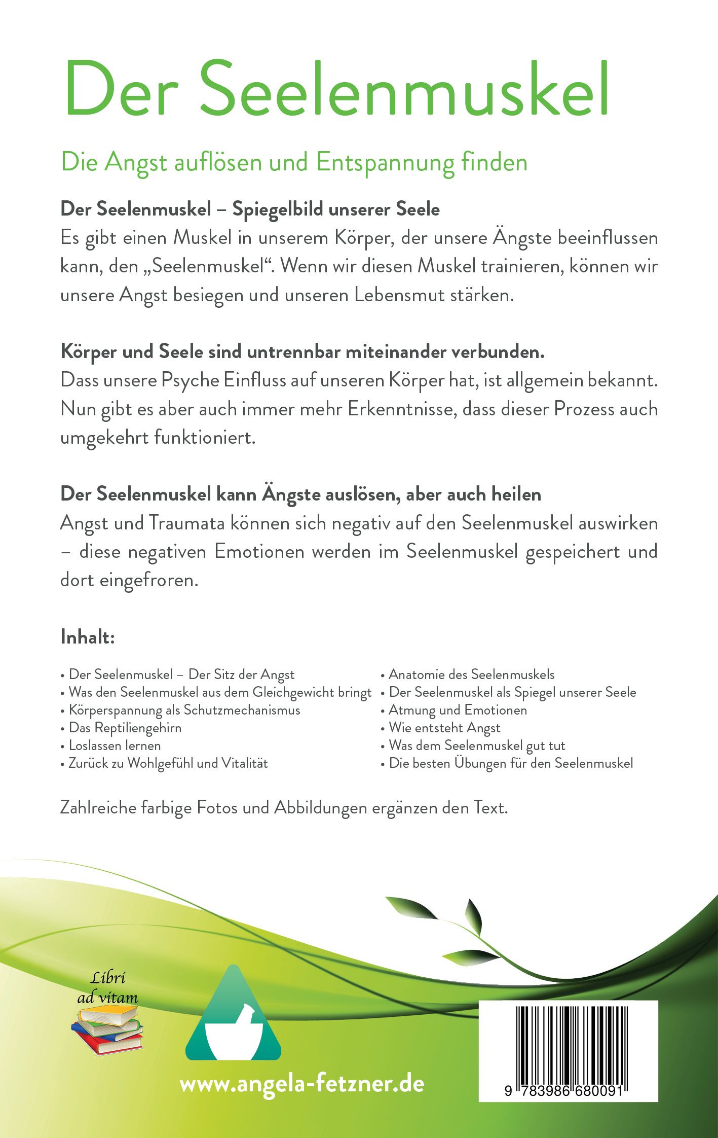 Buchrückseite "Der Seelenmuskel". Text, Inhaltsverzeichnis, ISBN. Logo: Apotheken-Symbol.