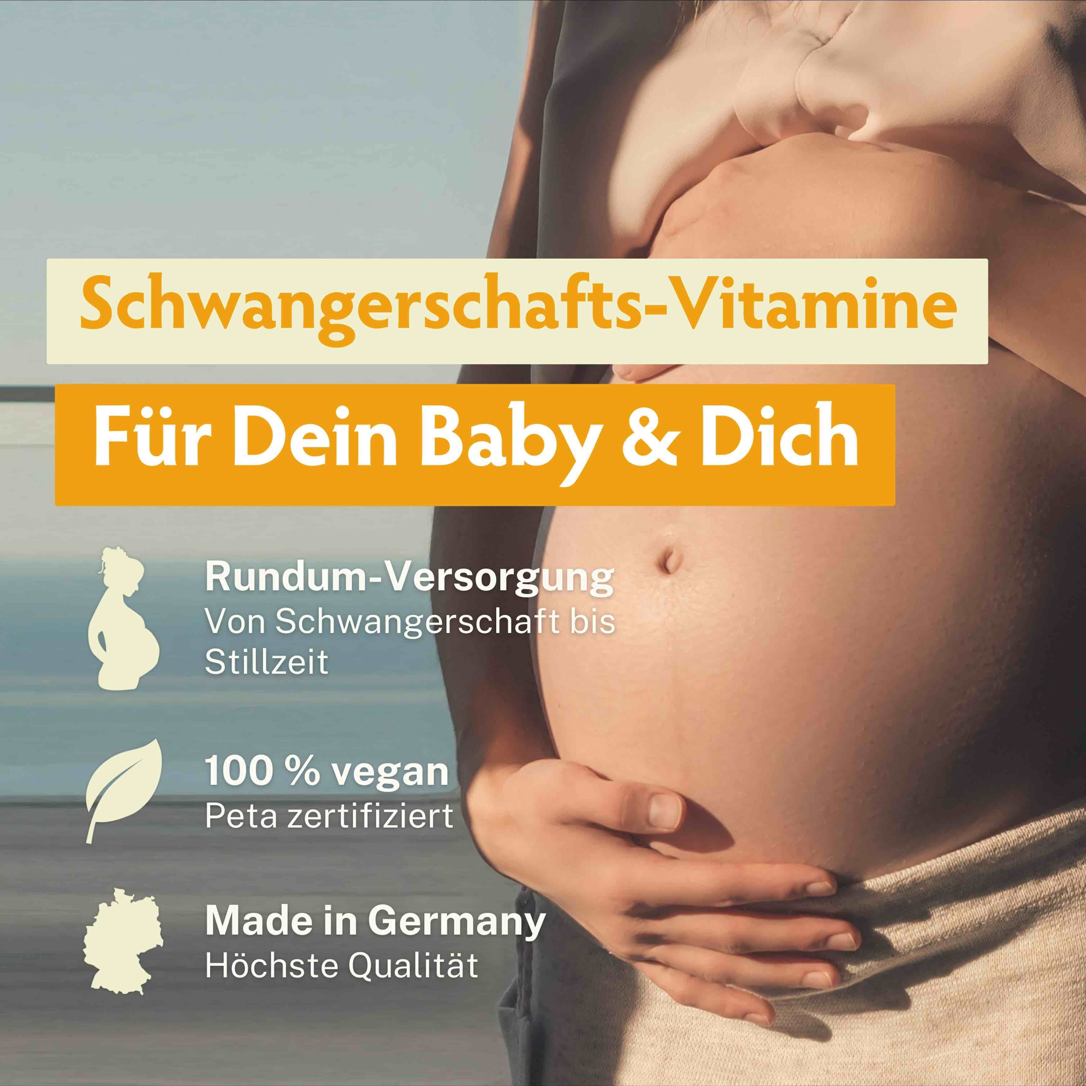 Schwangere Frau mit Bauch. Text: Schwangerschafts-Vitamine, Für Dein Baby & Dich. 100% vegan, Peta zertifiziert, Made in Germany.