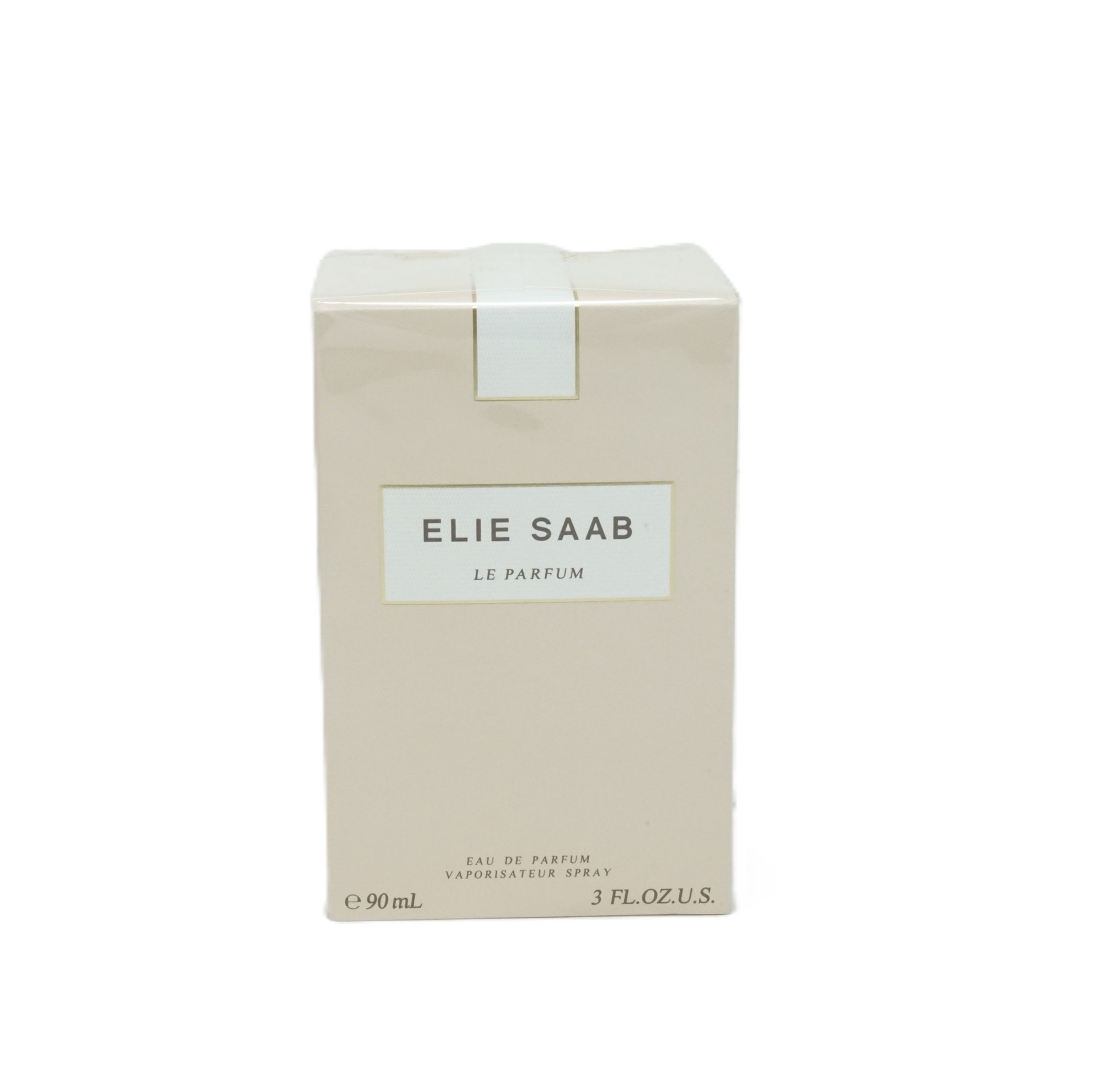 Elie Saab Le Parfum EdP Nat. Spray Verpackung. Beige rechteckige Schachtel mit weißem Deckel.