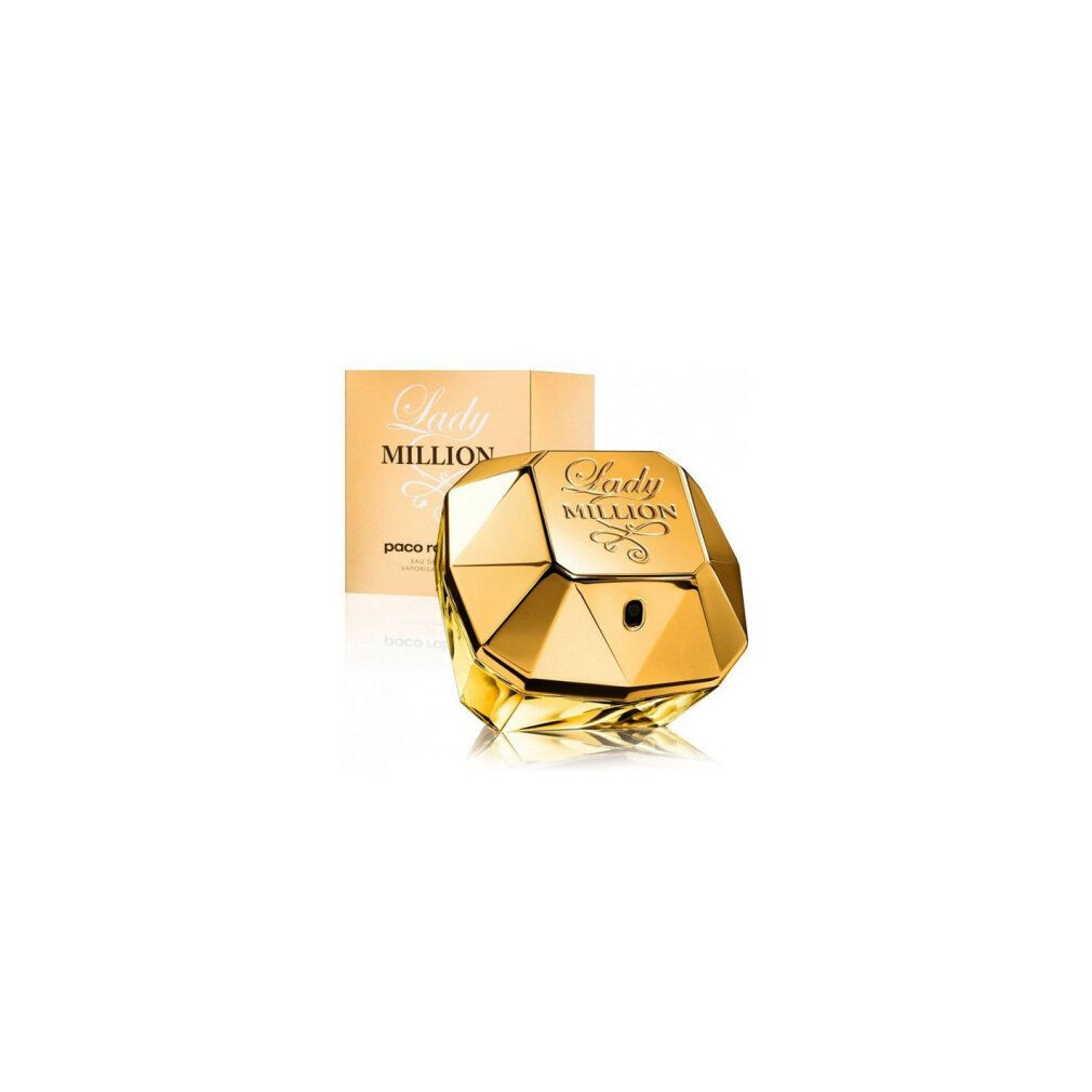 Goldfarbene Flasche und Schachtel von Lady Million. Auf der Schachtel steht paco rabanne. Die Flasche ist diamantförmig.