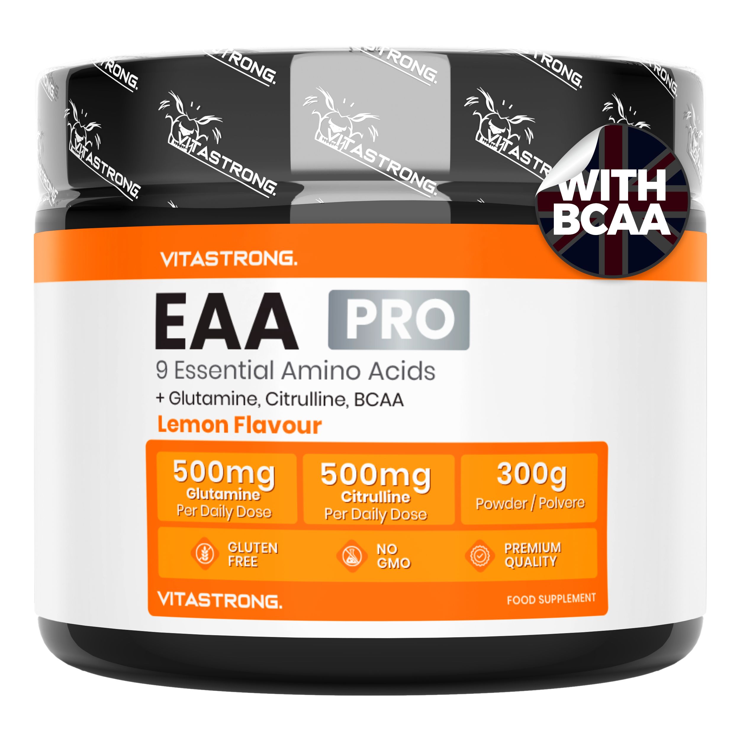 Vitastrong EAA Pro Dose, 300g. 9 essentielle Aminosäuren. Zitronengeschmack. Enthält Glutamin, Citrullin, BCAA. Glutenfrei.