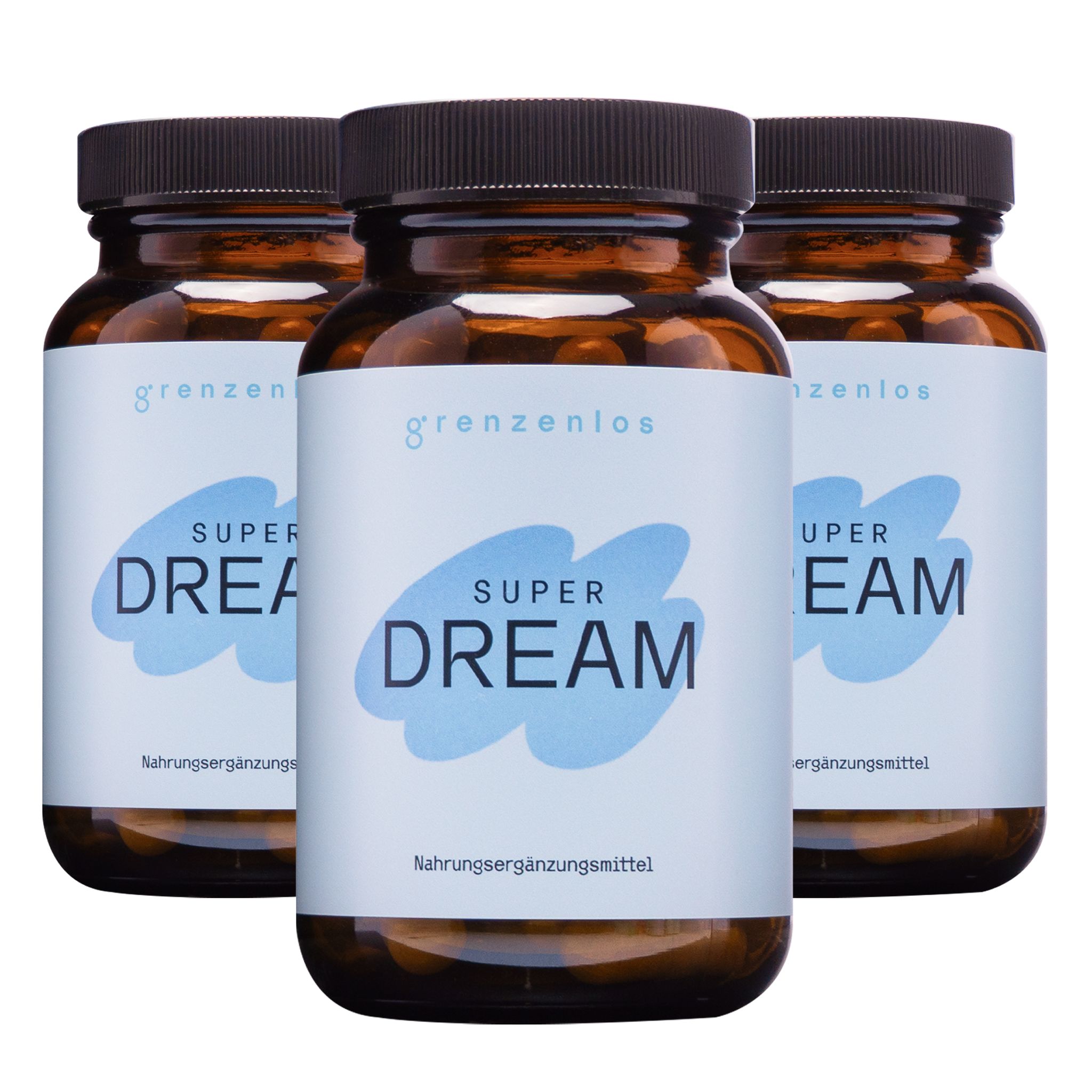 Drei braune Glasflaschen mit Etiketten: grenzenlos SUPER DREAM, Nahrungsergänzungsmittel.