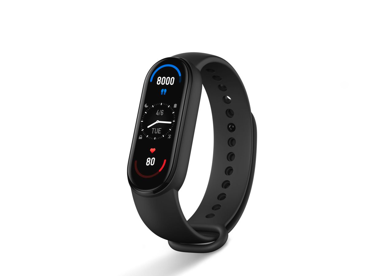 Schwarzes Fitnessarmband mit AMOLED-Farbdisplay. Zeigt Schritte und Herzfrequenz an. Schwarzes Armband.