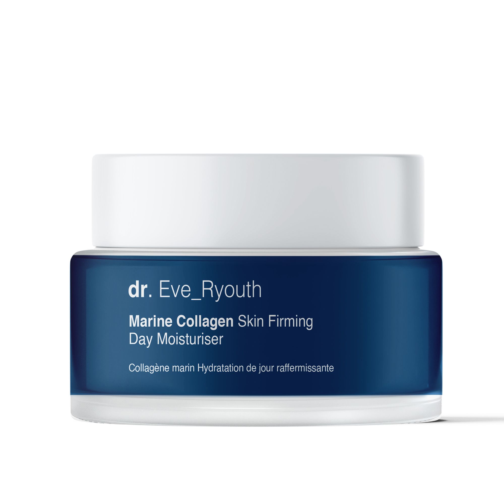 Tagesfeuchtigkeitscreme in blauem Glas mit weißem Deckel. Beschriftung: Marine Collagen Skin Firming Day Moisturiser.