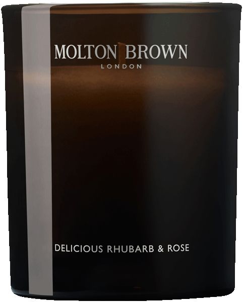 Braune Glas-Duftkerze mit weißem Streifen. Aufschrift: Molton Brown London, Delicious Rhubarb & Rose.