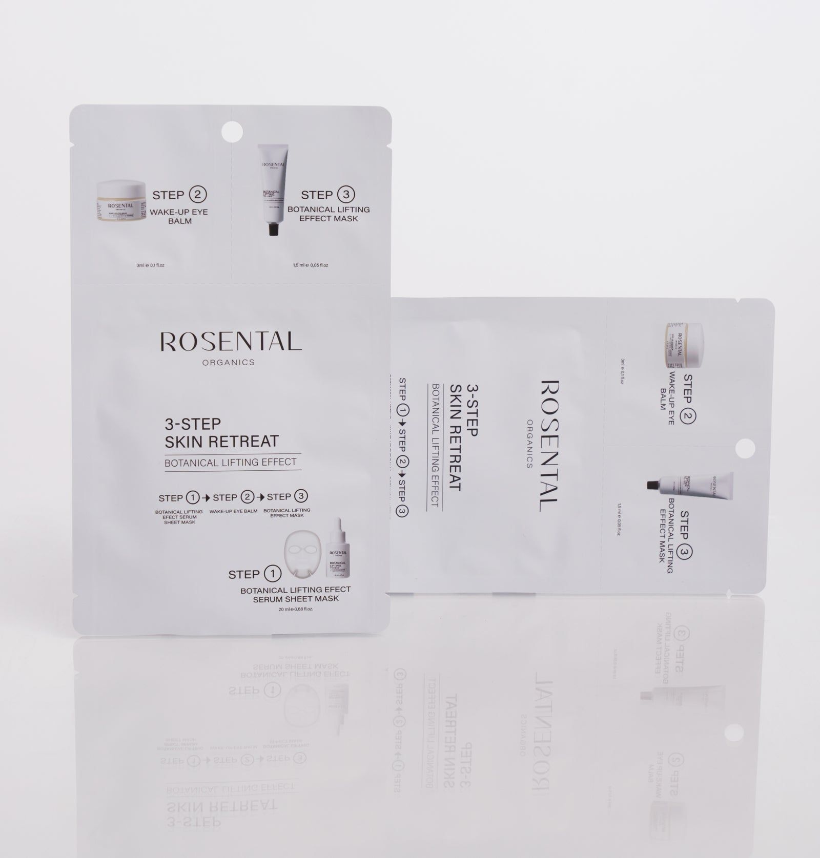 Zwei weiße Verpackungen mit Produktabbildungen und Text. "Rosental Organics 3-Step Skin Retreat" und Produktnamen sind sichtbar.