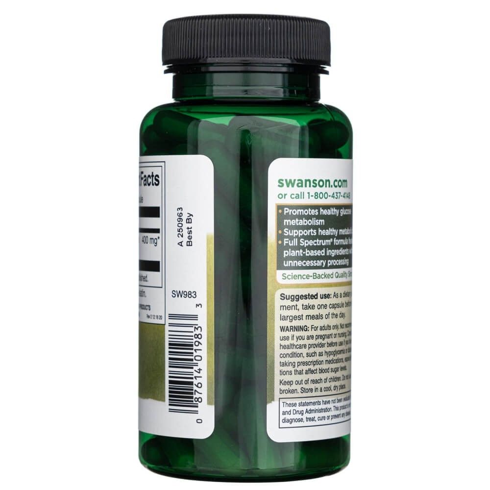 Seite einer Flasche Swanson Gymnema Sylvestre, zeigt Etikett mit Dosierung und Anwendungshinweisen.
