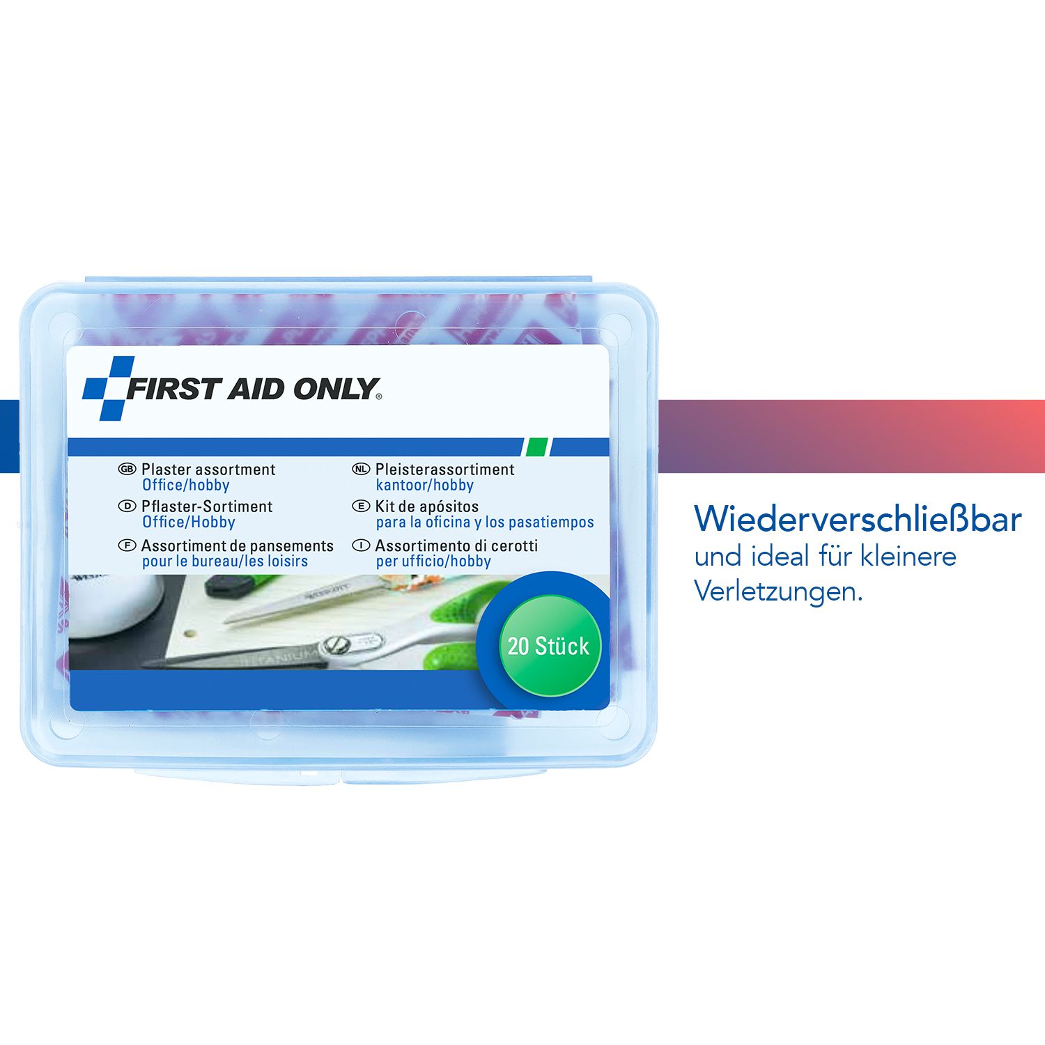 Geschlossene blaue Box mit Pflaster-Sortiment 'Office/Hobby', 20 Stück.