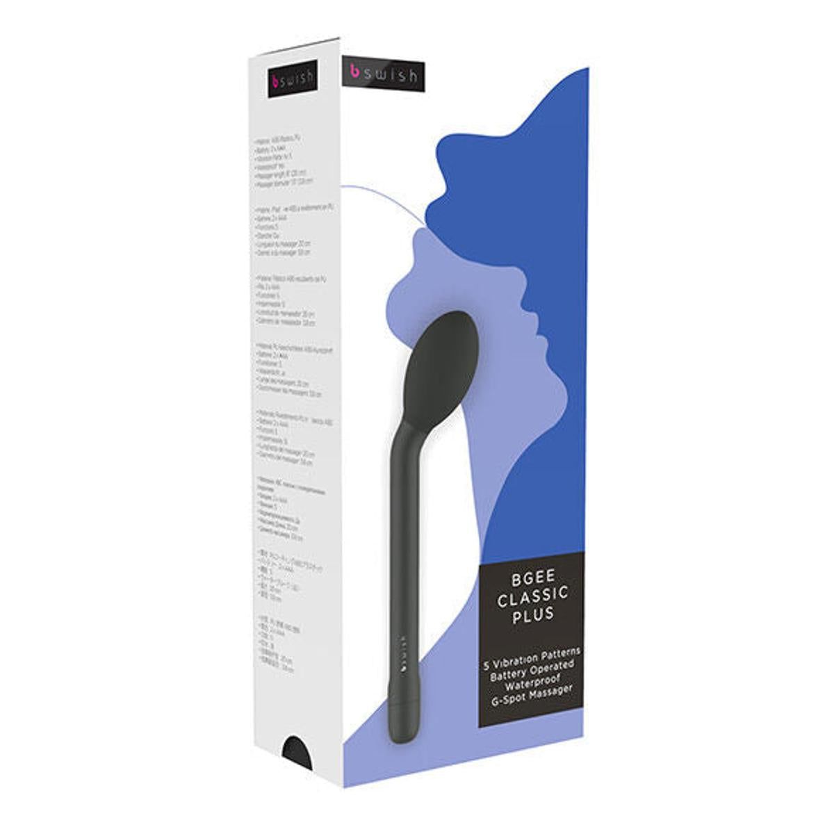 Produktverpackung mit einem schwarzen Vibrator. Auf der Verpackung steht "BGEE CLASSIC PLUS" und "bswish".
