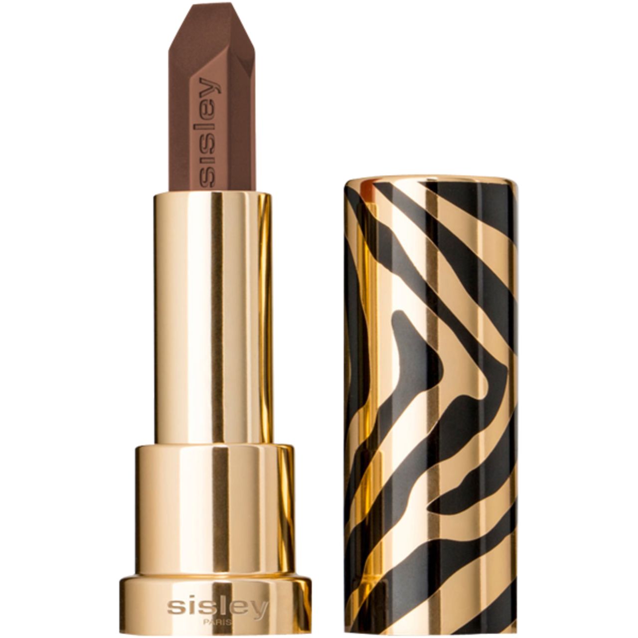 Lippenstift mit brauner Spitze und goldener Hülse mit Zebra-Muster. Marke: Sisley.
