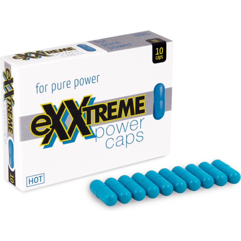 Schachtel und blaue Kapseln. Aufschrift: eXXtreme power caps. 10 Kapseln. Aufschrift: HOT.