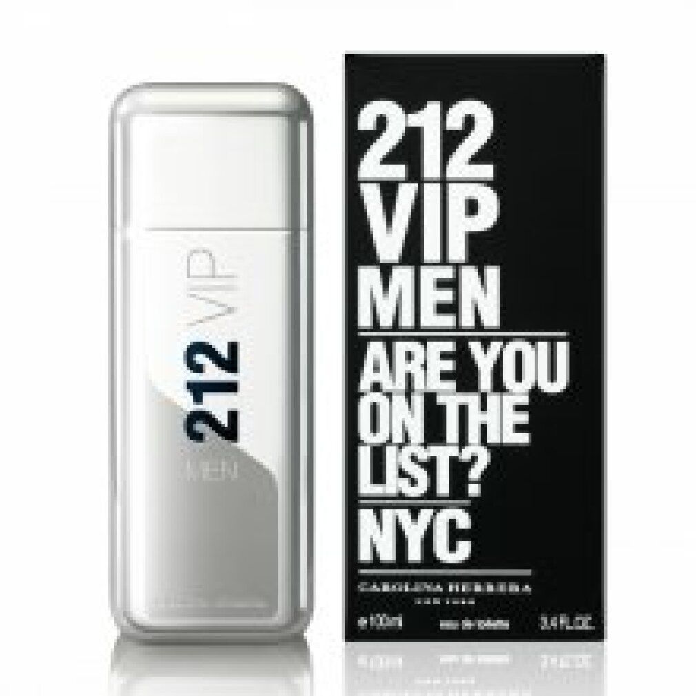 Flacone argentato e confezione nera. Flacone: 212 VIP. Confezione: 212 VIP MEN, ARE YOU ON THE LIST? NYC. 100ml, 3.4 FL OZ.