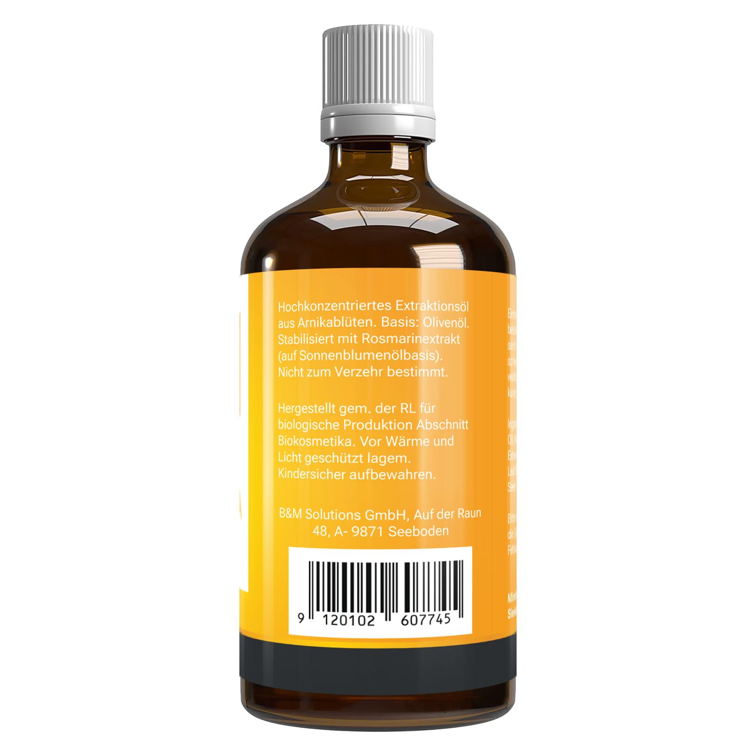 Rückseite einer braunen Glasflasche. Gelbes Etikett mit Text: Inhaltsstoffe, Hersteller. Barcode. Weißer Hintergrund.