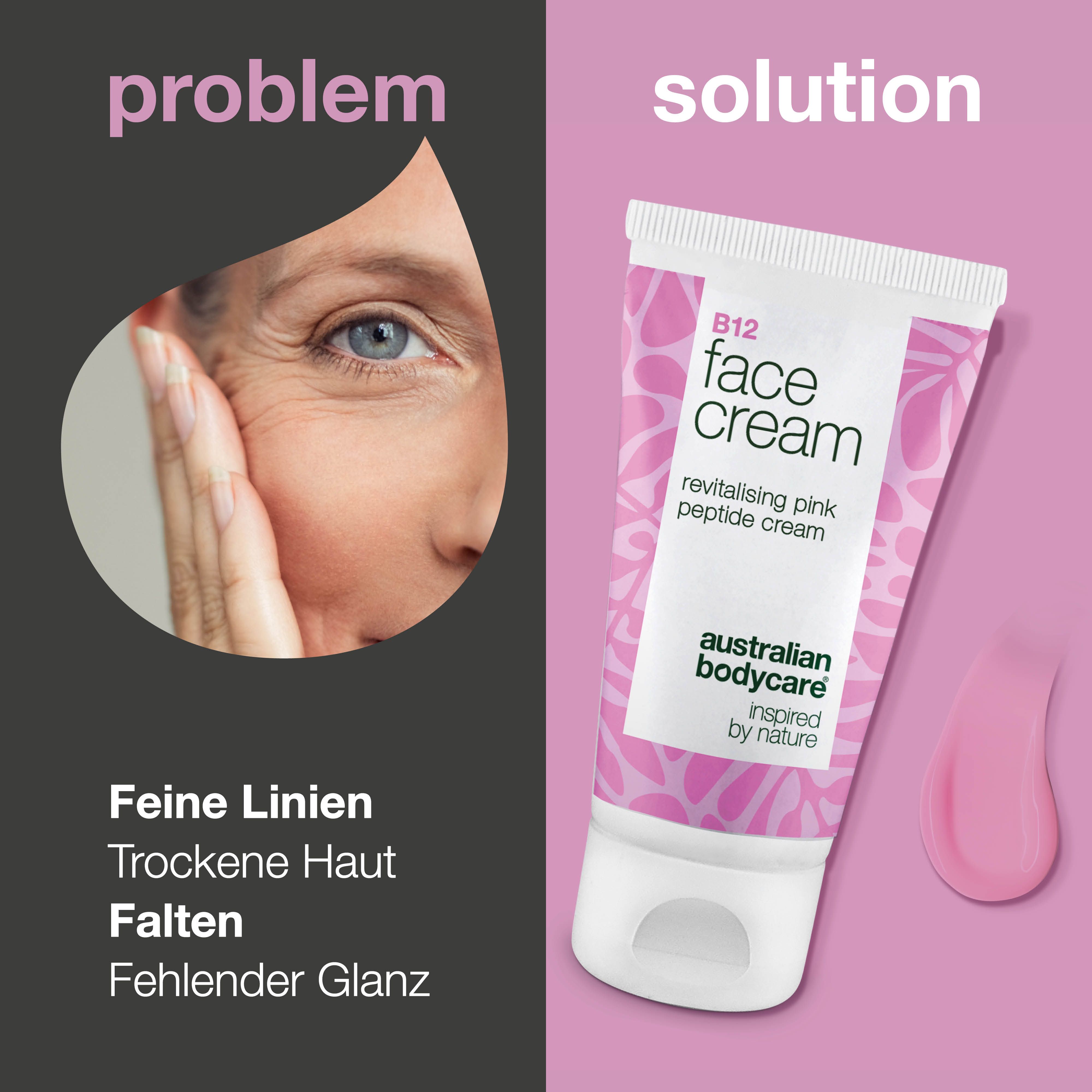 Gesicht mit Falten neben Tube Creme Visage B12. Text: Face Cream, Australian Bodycare. Rosa Farbklecks.