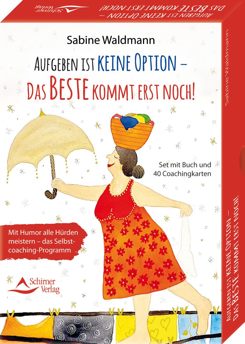 Buchcover mit Titel: Aufgeben ist keine Option. Autorin: Sabine Waldmann. Verlag: Schirmer Verlag. Set mit Buch und 40 Karten.