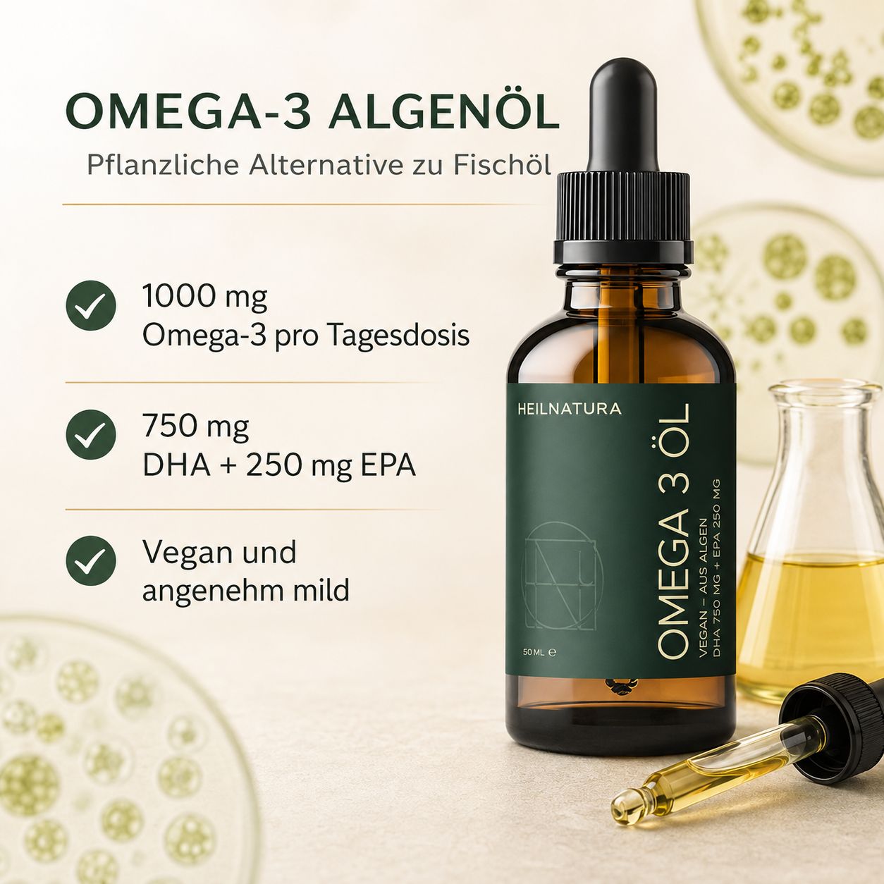 Flasche Omega-3 Algenöl neben Laborgeräten. Text: 'Pflanzliche Alternative zu Fischöl'.