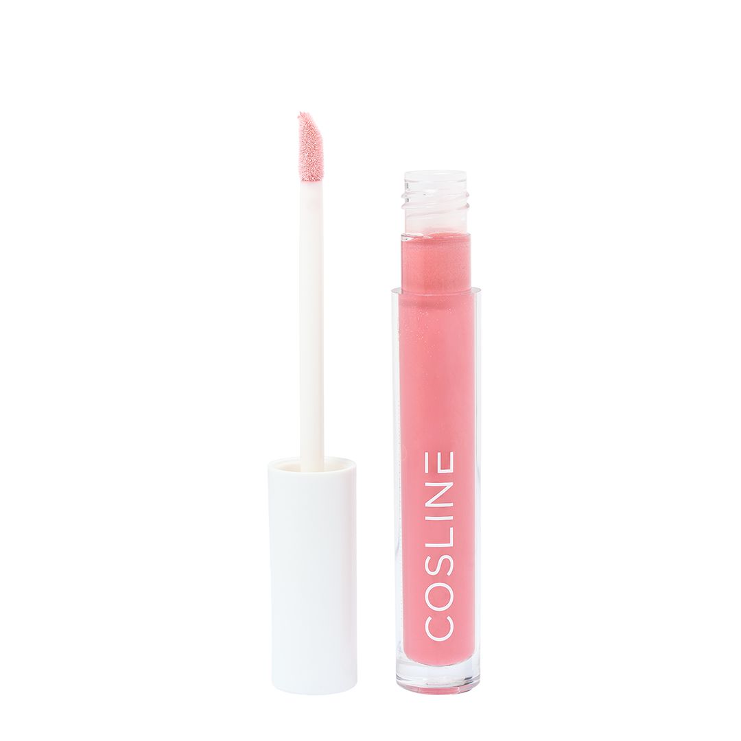 Lipgloss-Flakon mit Applikator. Der Flakon ist transparent mit rosa Inhalt. Der Schriftzug COSline ist sichtbar. Der Applikator ist weiß.
