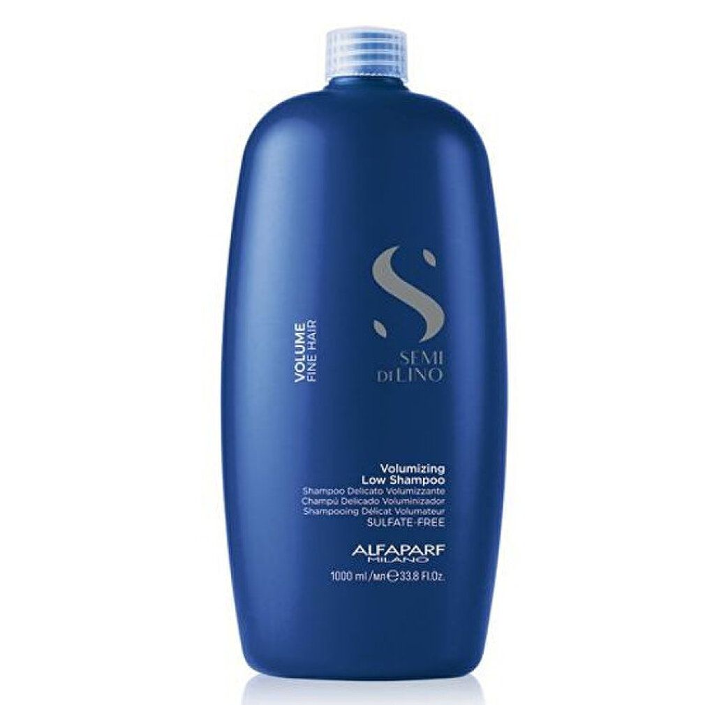 Große blaue Flasche mit silbernem Verschluss. Aufschrift: Semi Di Lino, Volume, Volumizing Low Shampoo. 1000 ml.