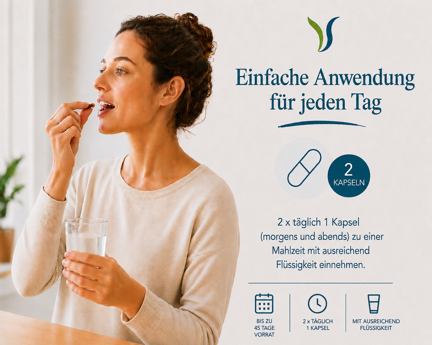 Frau nimmt eine Kapsel mit einem Glas Wasser ein.