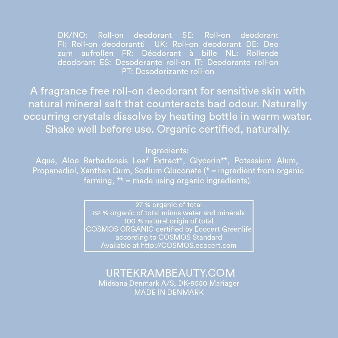Text auf blauem Hintergrund. Beschreibt einen roll-on Deodorant für empfindliche Haut mit natürlichen Mineralien. Enthält Inhaltsstoffe und Zertifizierungen.