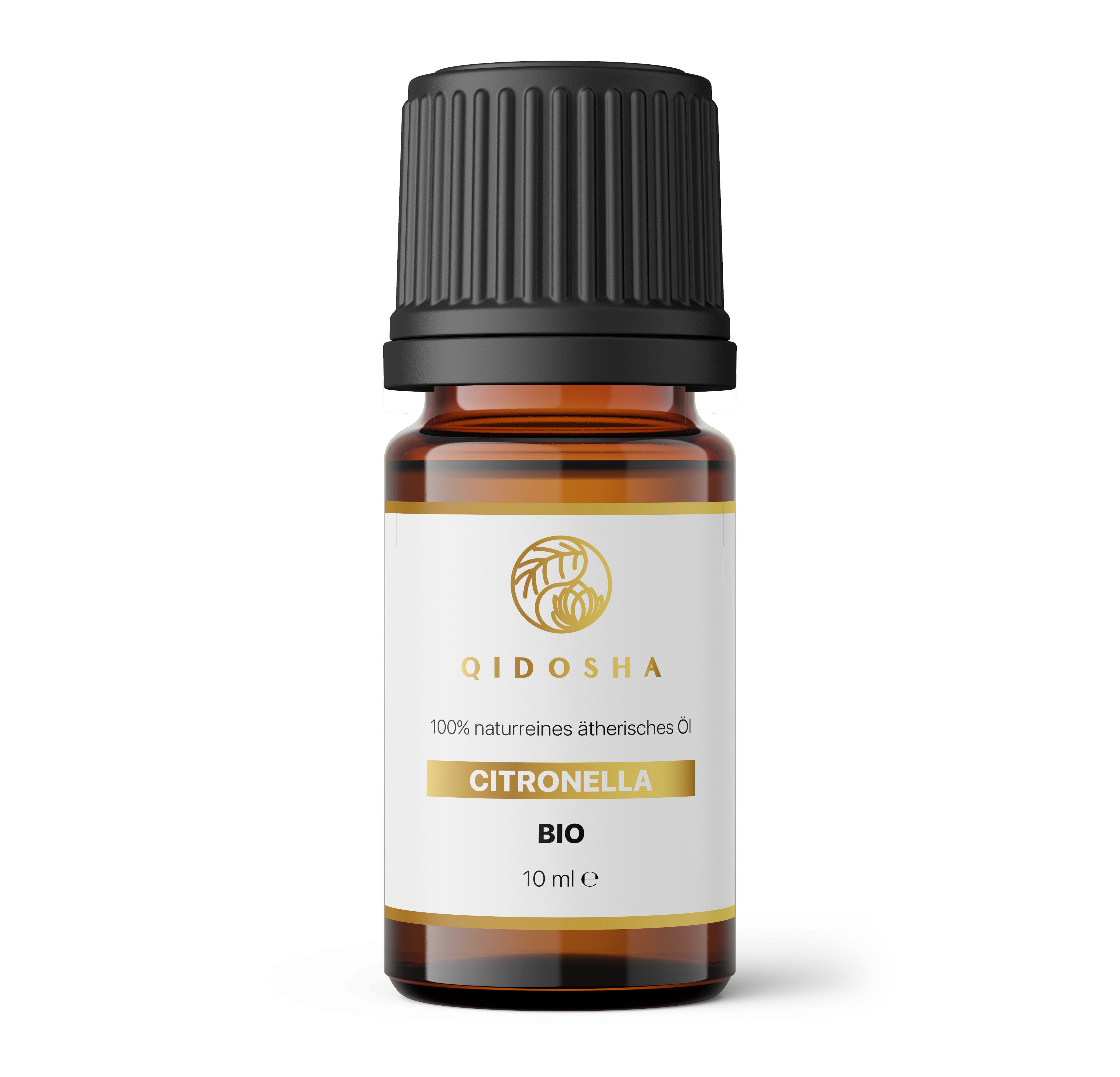 Braune Glasflasche mit schwarzem Deckel. Etikett mit Logo, Schriftzug QIDOSHA, Citronella BIO und 10 ml.