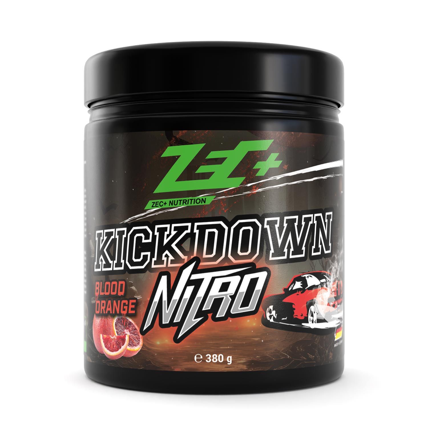 Schwarze Dose mit ZEC+ KICKDOWN NITRO Blood Orange. Logo, Produktname und Blutorange-Abbildung. E 380 g.