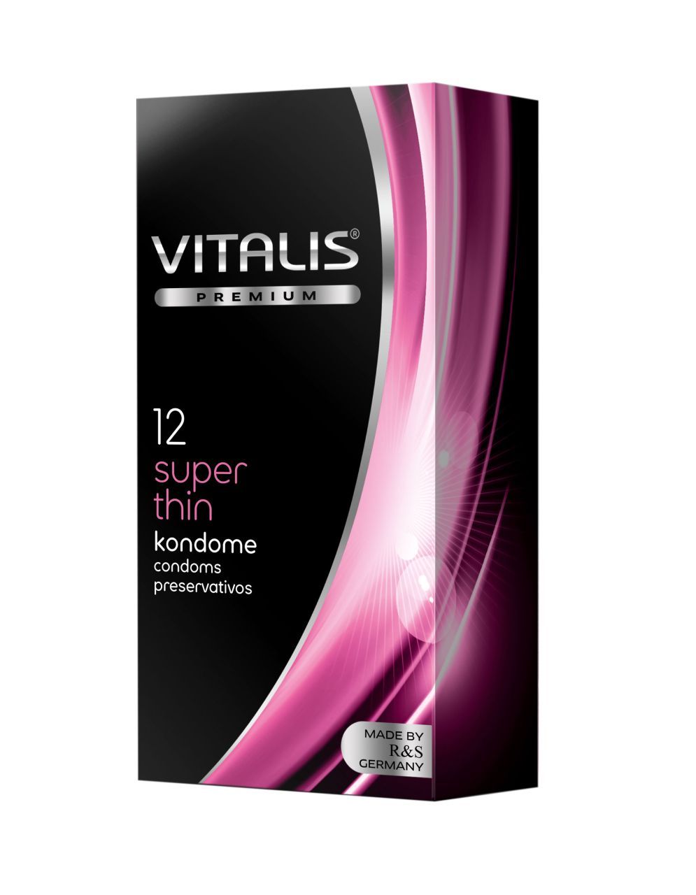 Schwarze Schachtel Vitalis PREMIUM. Aufschrift: 12 Super Thin Kondome. Rosa Akzent. Hergestellt in Deutschland.