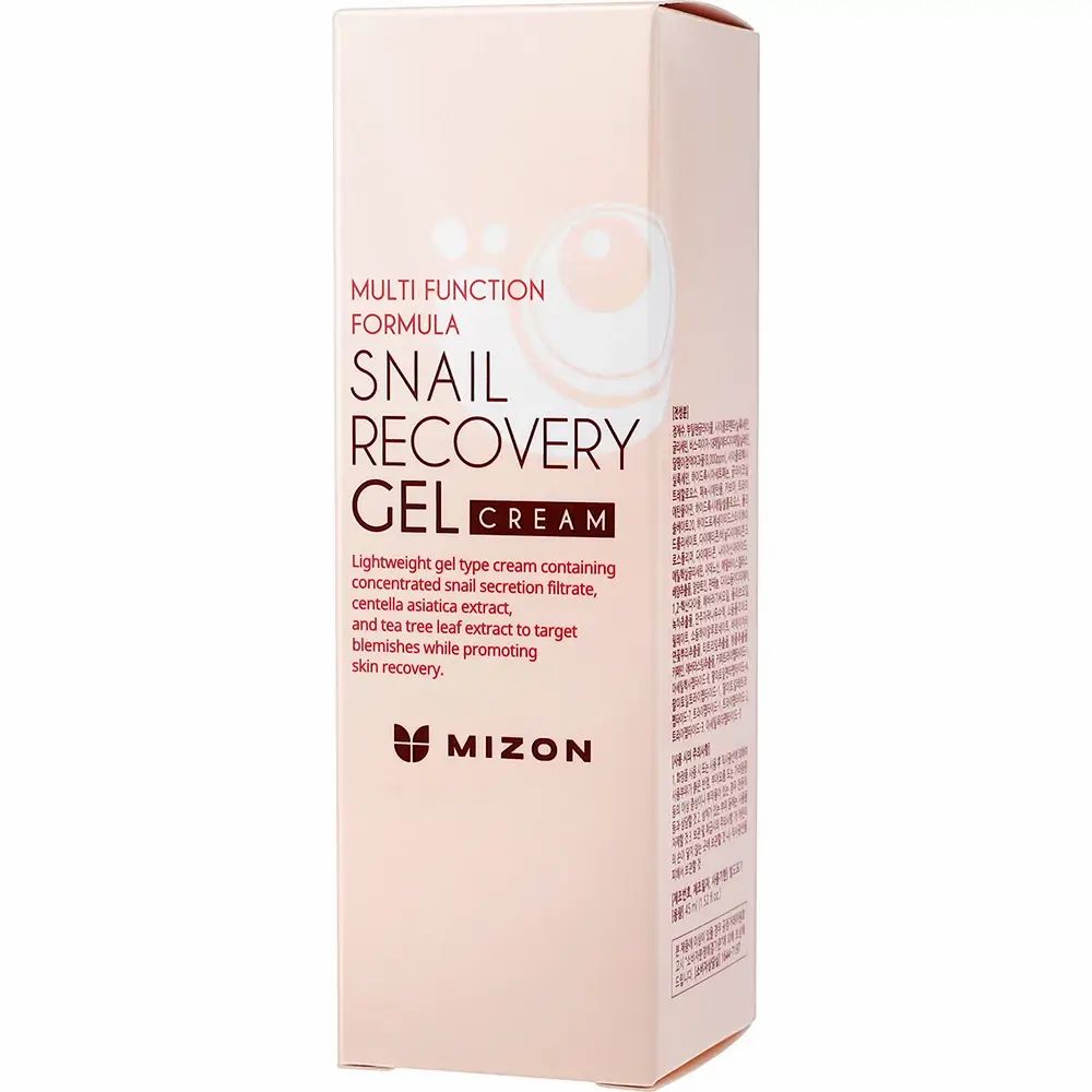 Rosa Schachtel mit Aufschrift: Snail Recovery Gel Cream, Mizon. Text: Multi Function Formula. Rückseite mit Text.