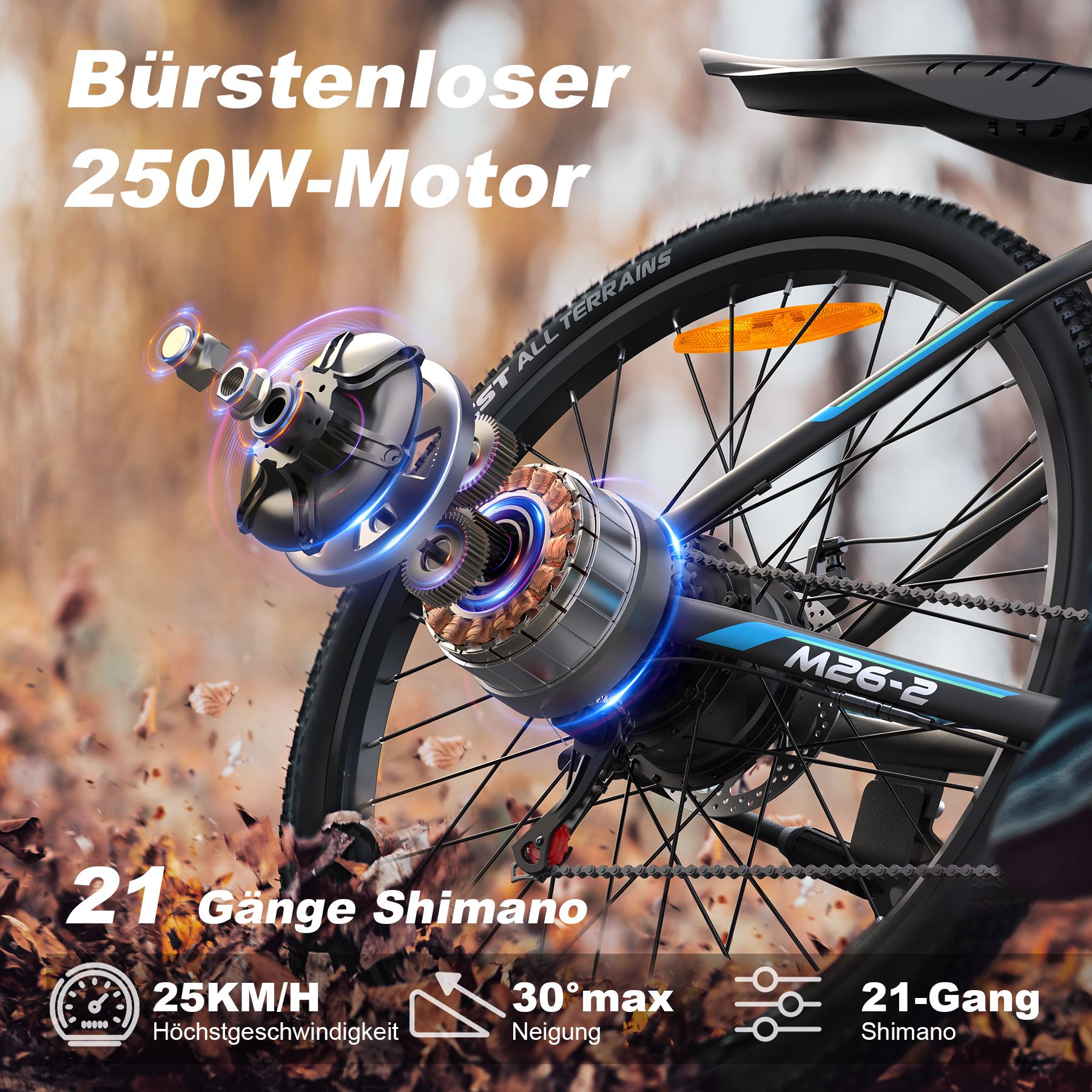 Nahaufnahme des Hinterrads eines Elektro-Mountainbikes. Bürstenloser Motor, 21-Gang Shimano-Schaltung. Text: M26-2.